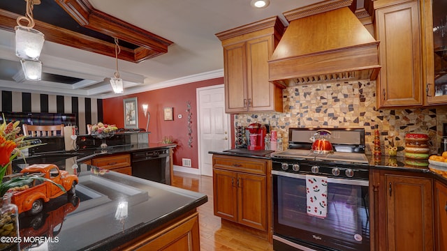 44 Kentucky Way, Freehold, NJ 07728 - kitchen with premium range hood, stainless steel range with gas cooktop, black dishwasher, tasteful backsplash, and brown cabinets