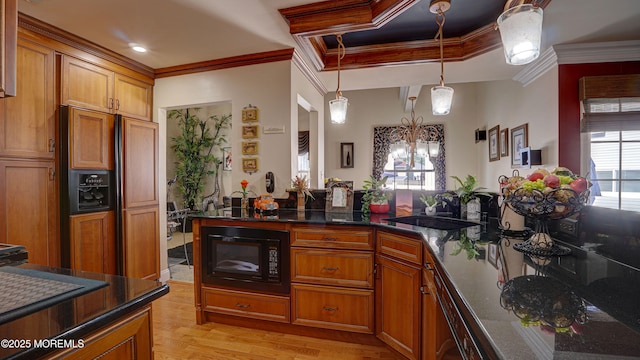 44 Kentucky Way, Freehold, NJ 07728 - kitchen with built in appliances, brown cabinets, light wood-style flooring, hanging light fixtures, and crown molding