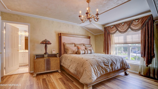 44 Kentucky Way, Freehold, NJ 07728 - bedroom featuring a chandelier, light wood-style floors, ensuite bathroom, and crown molding