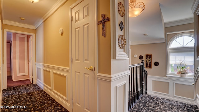 44 Kentucky Way, Freehold, NJ 07728 - hallway featuring a decorative wall, carpet flooring, wainscoting, and ornamental molding