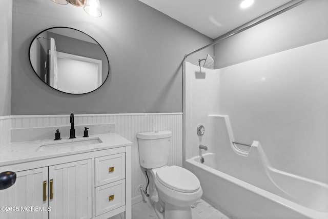 112 Beacon St, Moorestown, NJ 08057 - full bath with vanity, bathtub / shower combination, a wainscoted wall, and marble finish flooring