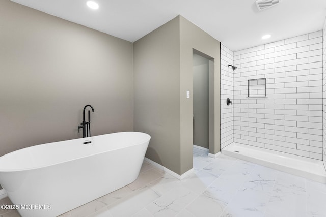 112 Beacon St, Moorestown, NJ 08057 - bathroom featuring marble finish flooring, a freestanding tub, a stall shower, and recessed lighting