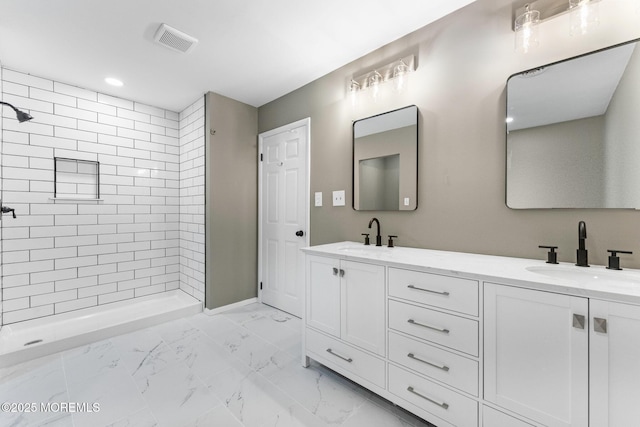 112 Beacon St, Moorestown, NJ 08057 - full bathroom with double vanity, tiled shower, marble look tiles, and recessed lighting
