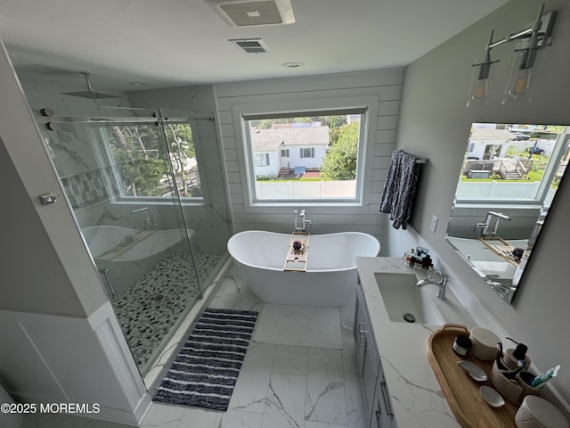 1464 Earie Way, Forked River, NJ 08731 - bathroom featuring marble look tile flooring, a marble finish shower, vanity, and a freestanding bath