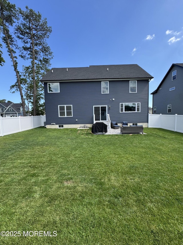 1464 Earie Way, Forked River, NJ 08731 - rear view of house featuring an outdoor living space, a fenced backyard, and a patio area
