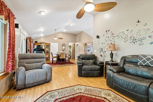 444 Cook Rd, Jackson, NJ 08527 - living area featuring a ceiling fan, wood finished floors, and vaulted ceiling