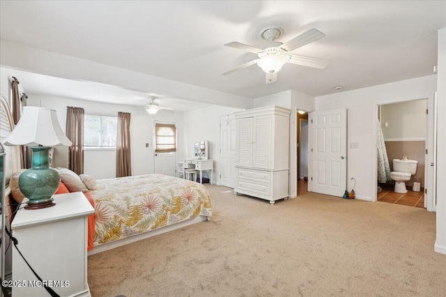 444 Cook Rd, Jackson, NJ 08527 - bedroom featuring light carpet, connected bathroom, and ceiling fan