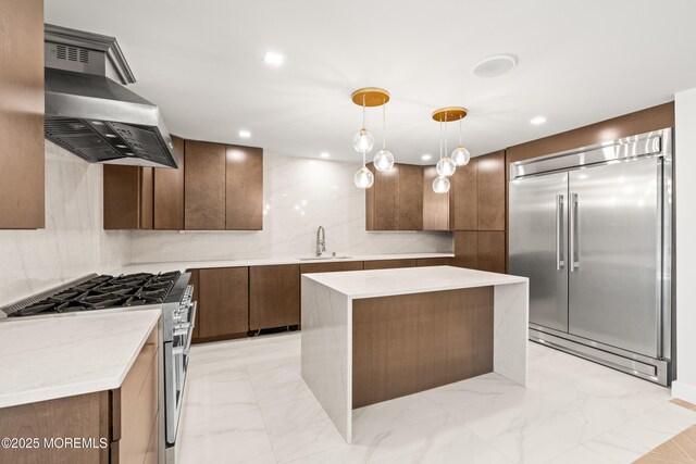 441 Slocum Pl, Oakhurst, NJ 07755 - kitchen featuring stainless steel appliances, range hood, light marble finish flooring, hanging light fixtures, and recessed lighting