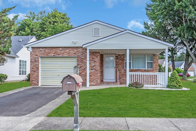 46 Carmacks Way, Toms River, NJ 08757 - view of front of property with an attached garage, brick siding, a porch, asphalt driveway, and a front lawn