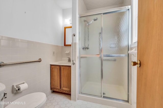 46 Carmacks Way, Toms River, NJ 08757 - full bath with tile walls, vanity, tile patterned flooring, a stall shower, and wainscoting