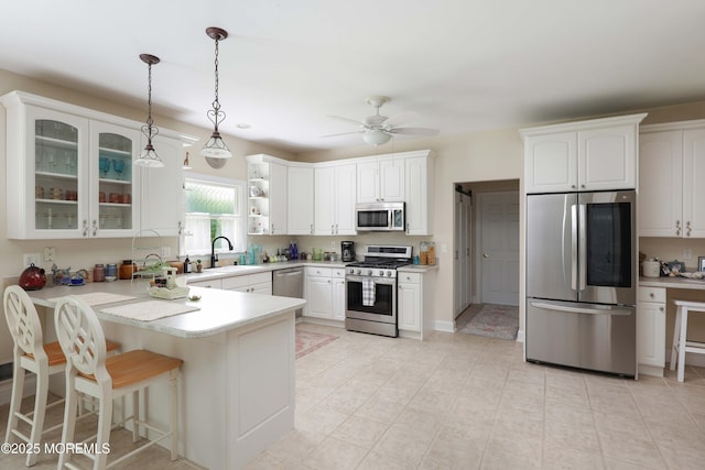 8001/2 Schoolhouse Rd, Brielle, NJ 08730 - kitchen with appliances with stainless steel finishes, a peninsula, glass insert cabinets, and white cabinetry