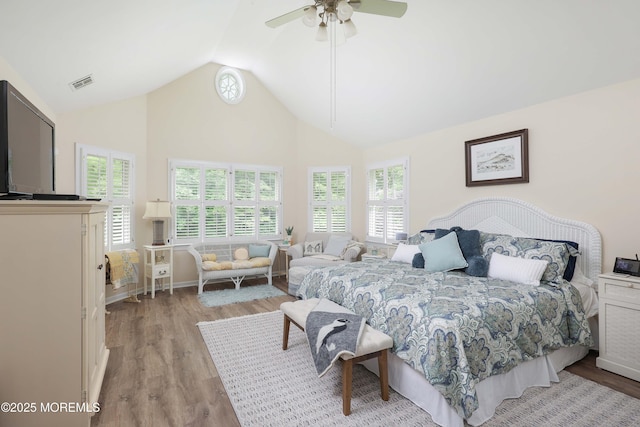 8001/2 Schoolhouse Rd, Brielle, NJ 08730 - bedroom featuring wood finished floors, high vaulted ceiling, and a ceiling fan