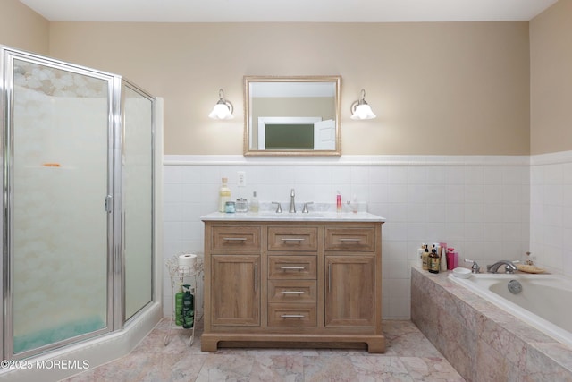 8001/2 Schoolhouse Rd, Brielle, NJ 08730 - full bathroom featuring tile walls, vanity, a shower stall, a bath, and wainscoting