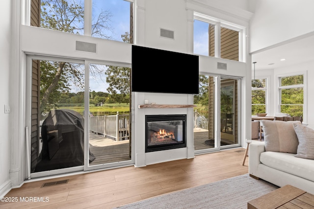 199-203 Lake Ave, Island Heights, NJ 08732 - living area with a towering ceiling, wood finished floors, and a glass covered fireplace