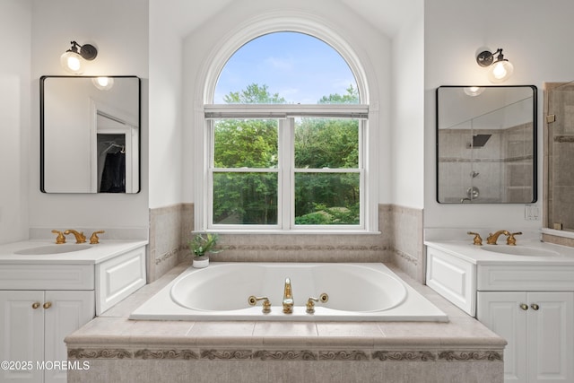199-203 Lake Ave, Island Heights, NJ 08732 - bathroom featuring a whirlpool tub, two vanities, and tiled shower
