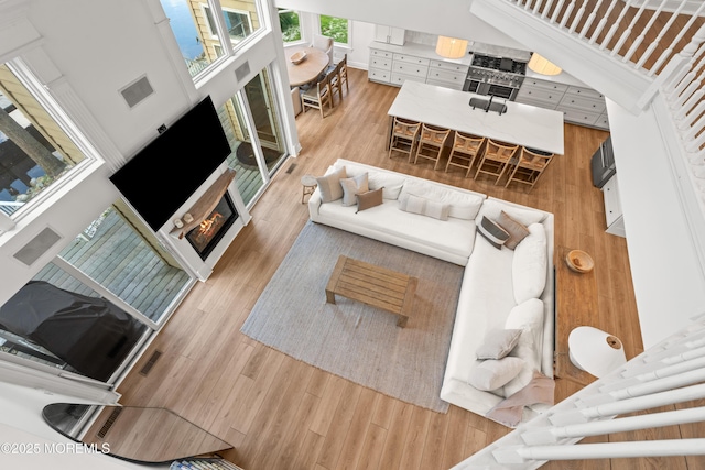 199-203 Lake Ave, Island Heights, NJ 08732 - living area featuring a towering ceiling, wood finished floors, and a warm lit fireplace