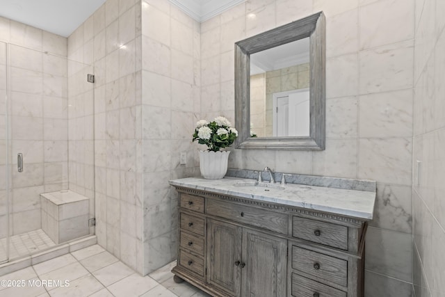 199-203 Lake Ave, Island Heights, NJ 08732 - bathroom with ornamental molding, tile walls, vanity, and a stall shower