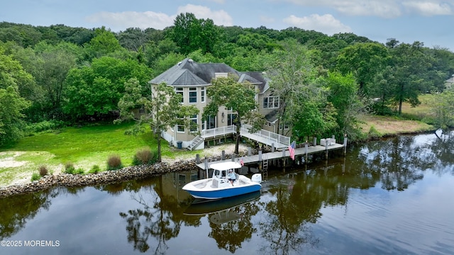 199-203 Lake Ave, Island Heights, NJ 08732 - dock area with a view of trees, a water view, stairs, and a yard