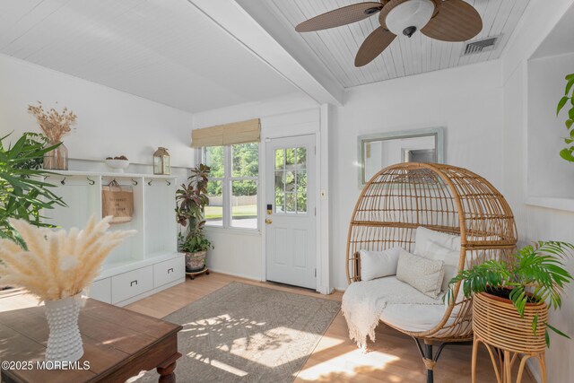 79 Lake Shore Dr, Red Bank, NJ 07701 - living area featuring ceiling fan, light wood-type flooring, and beamed ceiling