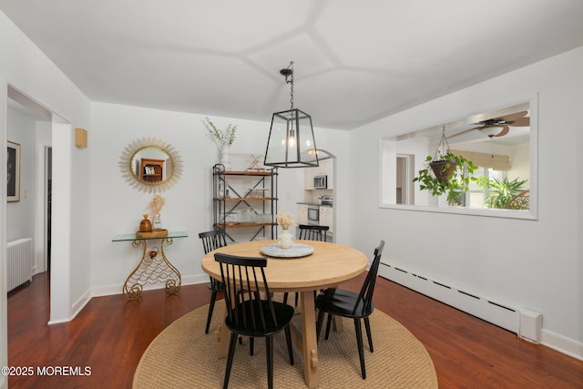 79 Lake Shore Dr, Red Bank, NJ 07701 - dining space featuring a baseboard radiator, radiator heating unit, wood finished floors, and a ceiling fan