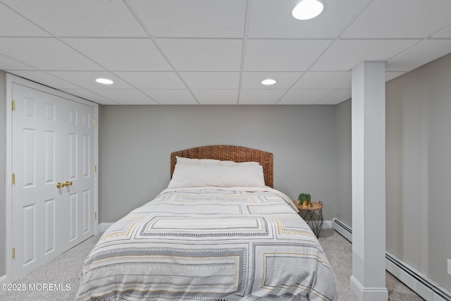79 Lake Shore Dr, Red Bank, NJ 07701 - carpeted bedroom with baseboard heating, a paneled ceiling, and recessed lighting