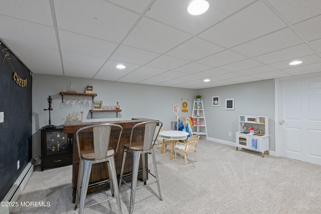 79 Lake Shore Dr, Red Bank, NJ 07701 - indoor wet bar with a baseboard heating unit, light carpet, recessed lighting, and a drop ceiling