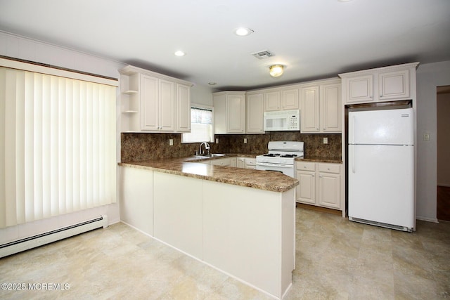 288 Barbados Dr N, Toms River, NJ 08757 - kitchen with white appliances, baseboard heating, a peninsula, decorative backsplash, and recessed lighting