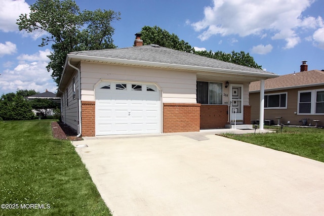 288 Barbados Dr N, Toms River, NJ 08757 - single story home featuring brick siding, concrete driveway, a garage, a front yard, and a chimney