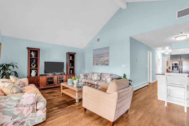 82 Spinnaker Ct, Bayville, NJ 08721 - living room featuring baseboard heating, wood finished floors, high vaulted ceiling, and beamed ceiling