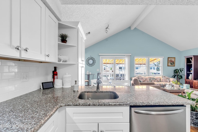 82 Spinnaker Ct, Bayville, NJ 08721 - kitchen with dishwasher, open shelves, open floor plan, a peninsula, and white cabinetry