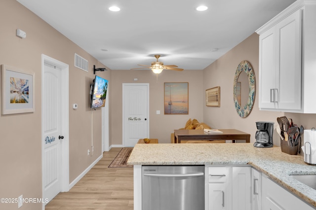 241 Hiering Ave, Seaside Heights, NJ 08751 - kitchen featuring a peninsula, dishwasher, ceiling fan, light wood-style flooring, and white cabinetry