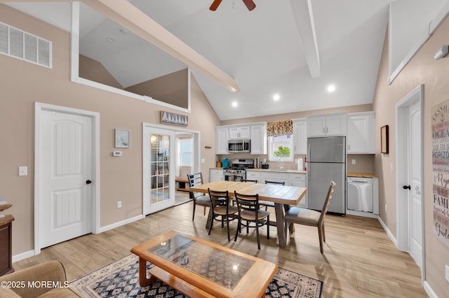 241 Hiering Ave, Seaside Heights, NJ 08751 - dining space featuring high vaulted ceiling, light wood finished floors, a ceiling fan, recessed lighting, and beamed ceiling