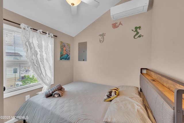 241 Hiering Ave, Seaside Heights, NJ 08751 - bedroom with a wall mounted AC, lofted ceiling, multiple windows, electric panel, and a ceiling fan