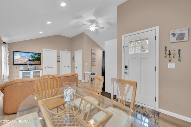 241 Hiering Ave, Seaside Heights, NJ 08751 - dining area with a ceiling fan, vaulted ceiling, recessed lighting, and light wood finished floors