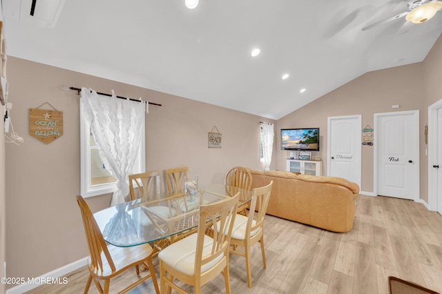241 Hiering Ave, Seaside Heights, NJ 08751 - dining room with light wood finished floors, lofted ceiling, a ceiling fan, and recessed lighting