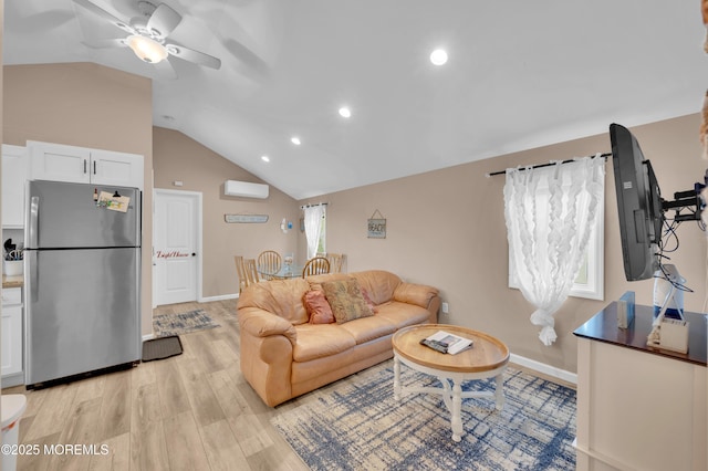 241 Hiering Ave, Seaside Heights, NJ 08751 - living room with a ceiling fan, lofted ceiling, a wall mounted AC, light wood finished floors, and recessed lighting