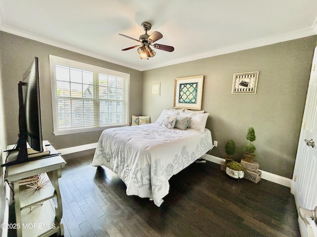 205 Shinnecock Dr, Manalapan, NJ 07726 - bedroom with crown molding, dark wood-style floors, and a ceiling fan