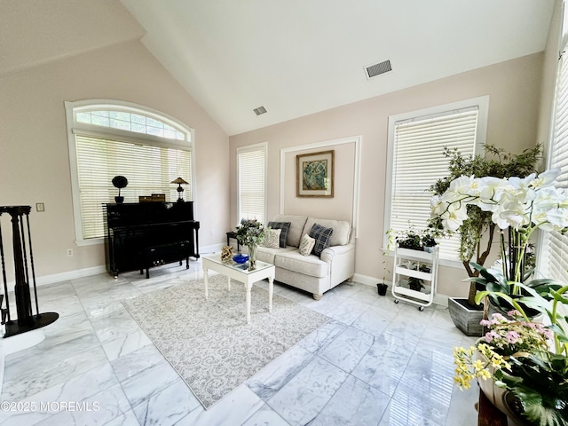 205 Shinnecock Dr, Manalapan, NJ 07726 - living room featuring light marble finish flooring and high vaulted ceiling
