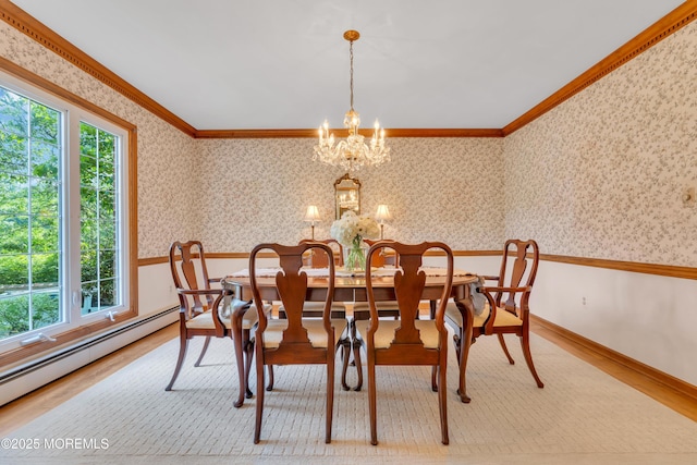 22 Hunt Rd, Freehold, NJ 07728 - dining area with wallpapered walls, ornamental molding, baseboard heating, a chandelier, and wainscoting