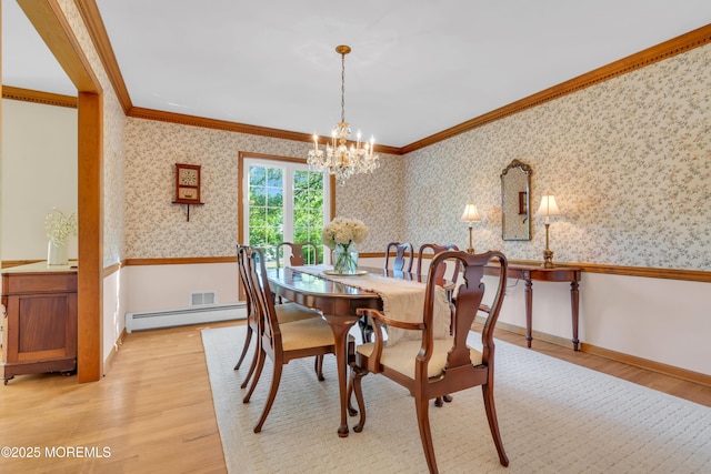 22 Hunt Rd, Freehold, NJ 07728 - dining space with ornamental molding, a chandelier, light wood-style floors, a baseboard radiator, and wallpapered walls