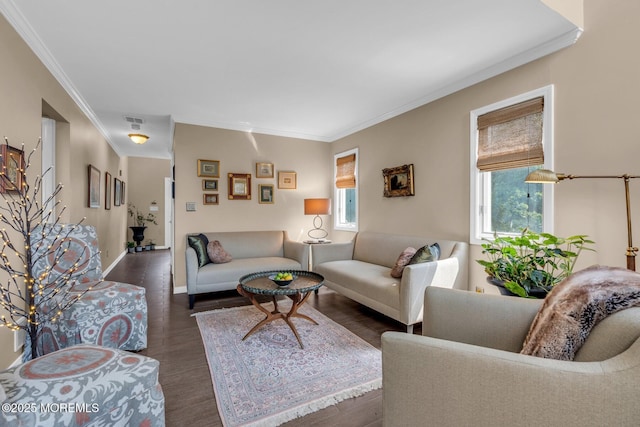 134 Marina Bay Ct, Highlands, NJ 07732 - living area featuring healthy amount of natural light, crown molding, and dark wood-type flooring