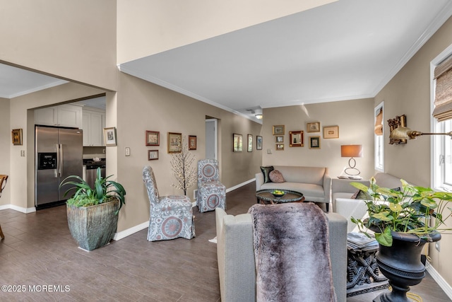 134 Marina Bay Ct, Highlands, NJ 07732 - living room featuring ornamental molding and dark wood finished floors