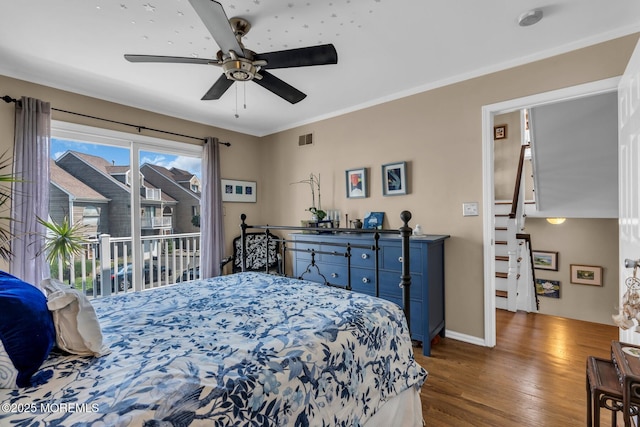 134 Marina Bay Ct, Highlands, NJ 07732 - bedroom with wood finished floors, access to outside, ornamental molding, and a ceiling fan