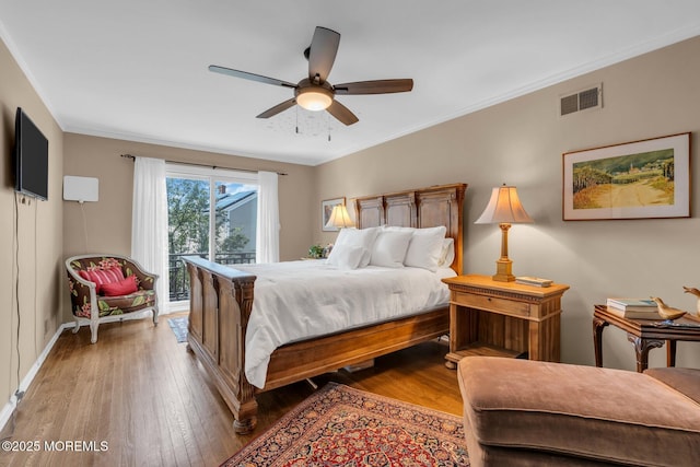 134 Marina Bay Ct, Highlands, NJ 07732 - bedroom with access to exterior, light wood-style floors, ornamental molding, and a ceiling fan