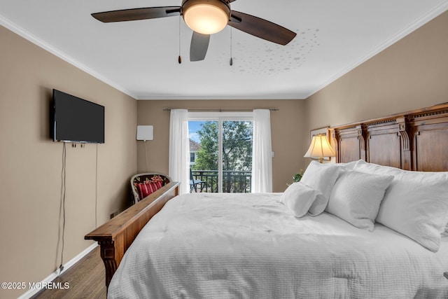 134 Marina Bay Ct, Highlands, NJ 07732 - bedroom featuring access to exterior, wood finished floors, ornamental molding, and ceiling fan