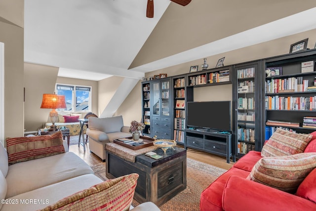 134 Marina Bay Ct, Highlands, NJ 07732 - living room featuring wood finished floors, a ceiling fan, and high vaulted ceiling