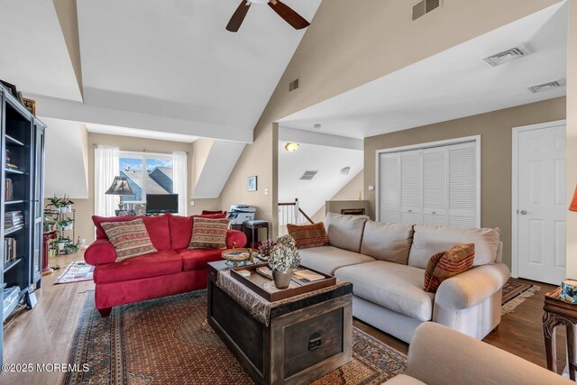 134 Marina Bay Ct, Highlands, NJ 07732 - living area featuring wood finished floors, a ceiling fan, and high vaulted ceiling