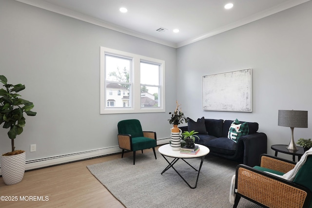 623 Central Ave, Union Beach, NJ 07735 - living room with a baseboard radiator, wood finished floors, recessed lighting, and crown molding
