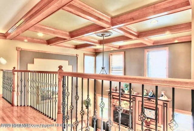 6 Meadow Run Ct, Jackson, NJ 08527 - hall with beam ceiling, coffered ceiling, and wood finished floors