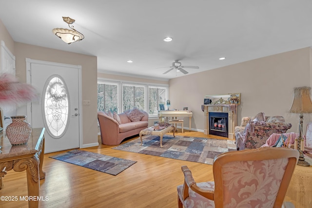 2 Apache Dr, Toms River, NJ 08753 - living room featuring ceiling fan, wood finished floors, a fireplace, and recessed lighting